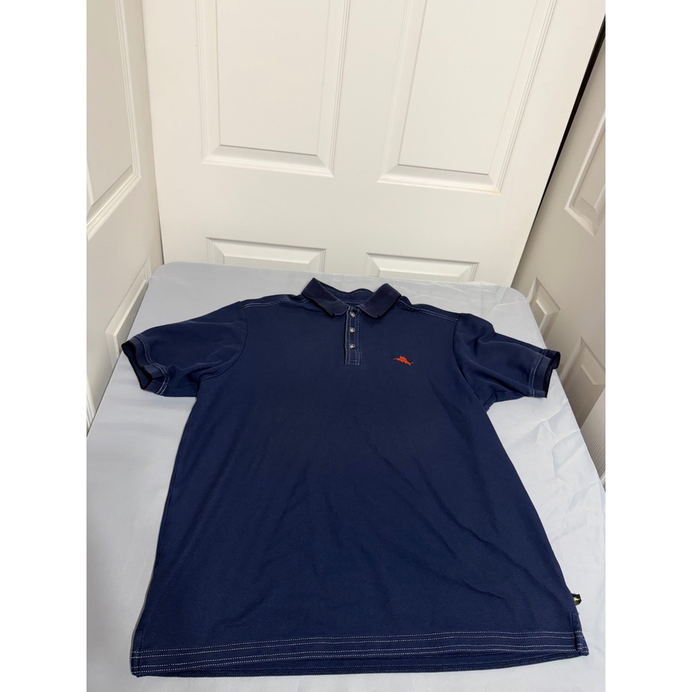 Tommy Bahama Supima Cotton Polo Shirt Mens Large Navy Blue with Marlin Logo